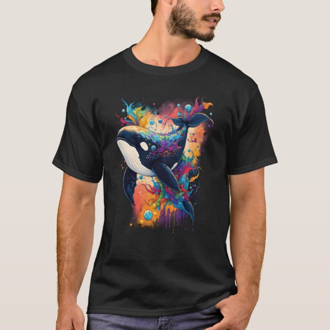Colourful mystical orca whale watching dolphin pot T-Shirt (Front)