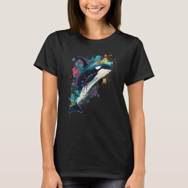 Colourful mystical orca whale watching dolphin pot T-Shirt (Front)