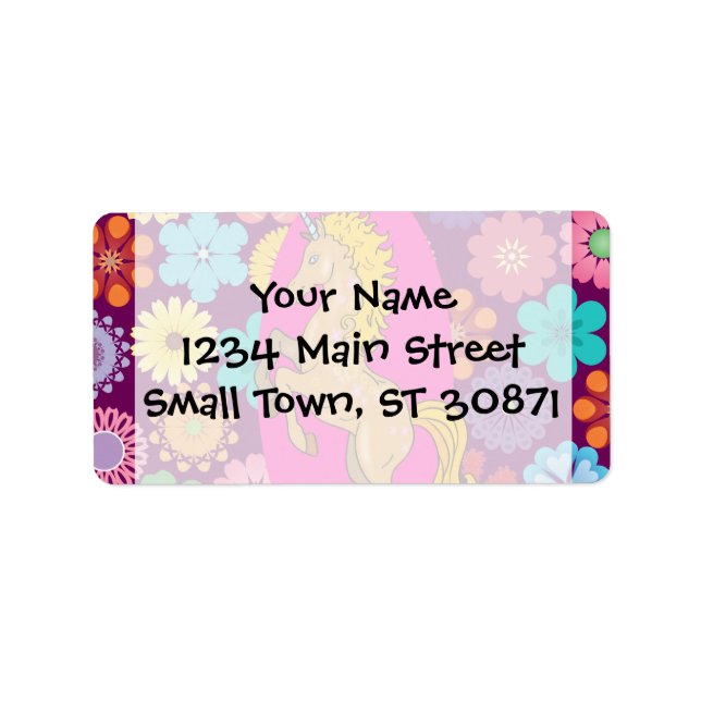 Colourful Mystical Unicorn on Pink Purple Flowers Label (Front)