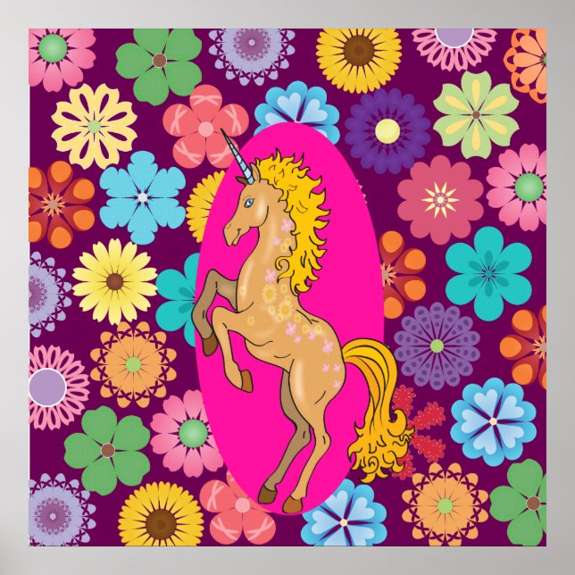 Colourful Mystical Unicorn on Pink Purple Flowers Poster (Front)