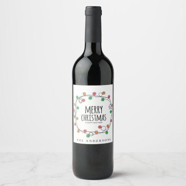 Colourful Name Christmas Lights Merry Christmas Wine Label (Front)