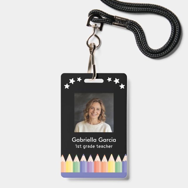 Colourful Name School Teacher badge ID Badge (Front with Lanyard)
