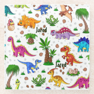 Colourful Name Seamless Pattern Dinosaur Glass Coaster