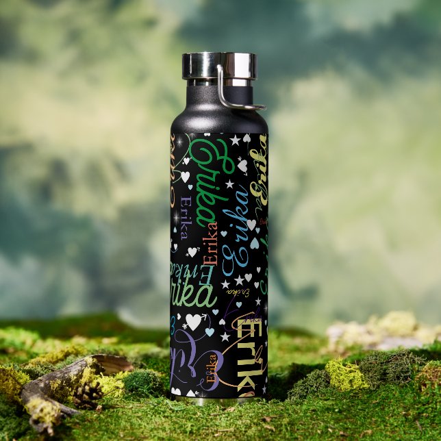 Colourful Names Cute Hearts and Stars on Black Water Bottle (Outdoor)