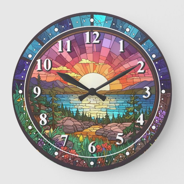 Colourful Nature Sunset Faux Stained Glass Mosaic Large Clock (Front)