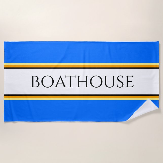 Colourful Nautical Blue White Stripes BOATHOUSE Beach Towel (Front)