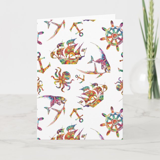 Colourful nautical pattern custom background holiday card (Front)