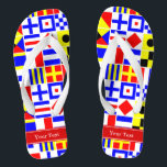 Colourful Nautical Signal Flags Red Name Monogram Flip Flops<br><div class="desc">Colourful Nautical Signal Flags With Red Name Monogram Ribbon Label Customise this with your name, monogram or other text. You can also change the font, change font size and font colour, move the text, add additional text fields, etc. Want to see this in another colour combination? Just drop us an...</div>