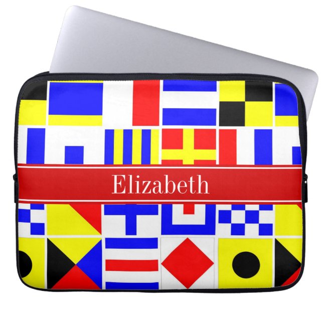 Colourful Nautical Signal Flags Red Name Monogram Laptop Sleeve (Front)