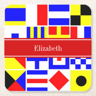 Colourful Nautical Signal Flags Red Name Monogram Square Paper Coaster