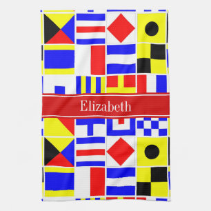 Colourful Nautical Signal Flags Red Name Monogram Tea Towel