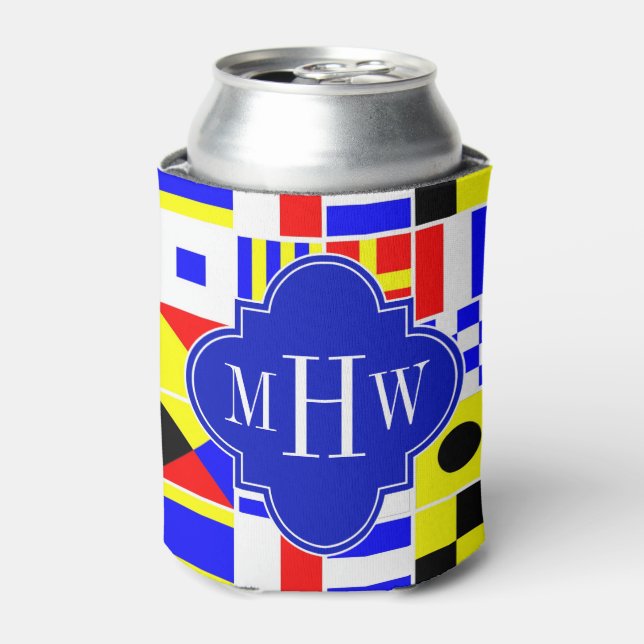 Colourful Nautical Signal Flags Royal 3I Monogram Can Cooler (Can Front)