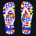 Colourful Nautical Signal Flags Royal Name Monogra Flip Flops<br><div class="desc">Colourful Nautical Signal Flags With Royal Blue Name Monogram Ribbon Label Customise this with your name, monogram or other text. You can also change the font, change font size and font colour, move the text, add additional text fields, etc. Want to see this in another colour combination? Just drop us...</div>