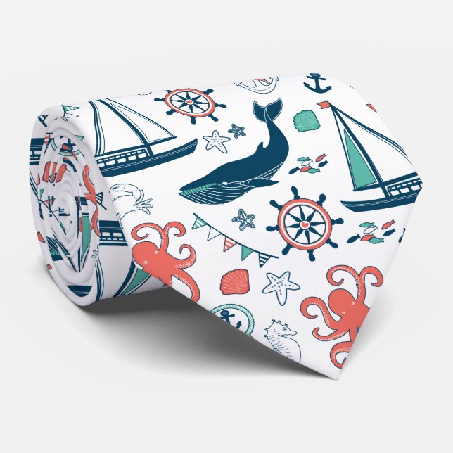 Colourful Nautical Symbols & Marine Life Pattern Tie (Rolled)