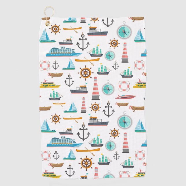 Colourful nautical themed pattern golf towel (Front)