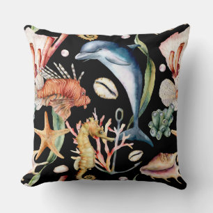 Colourful Nautical Underwater Sea Animal LIfe Blac Cushion