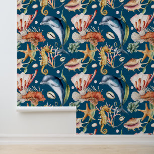 Colourful Nautical Underwater Sea Animal LIfe Blue Wallpaper