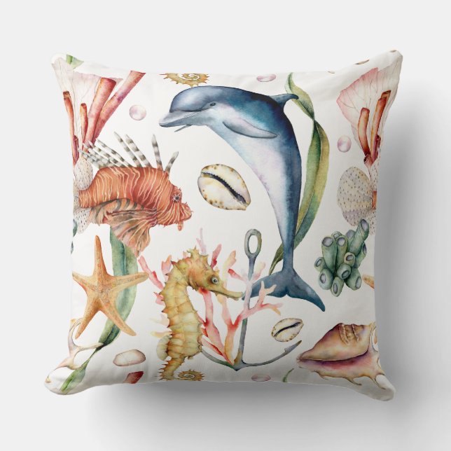 Colourful Nautical Underwater Sea Animal LIfe Whit Cushion (Front)