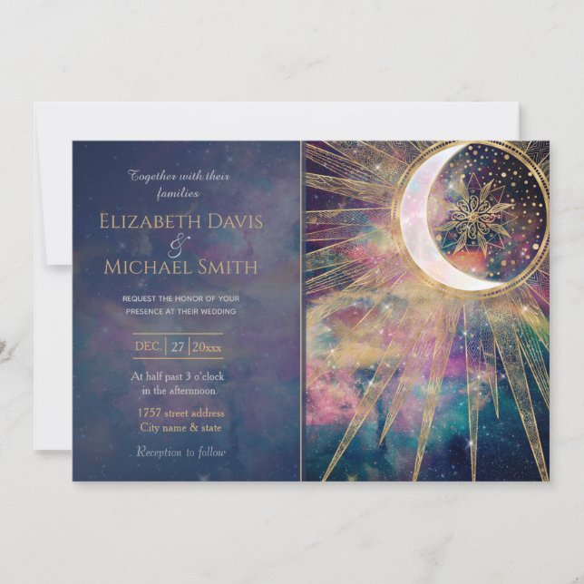 Colourful Nebula Gold Doodles Sun Moon Mandala Invitation (Front)