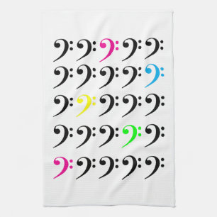 Colourful Neon Bass Clef Pattern Music Symbols Tea Towel