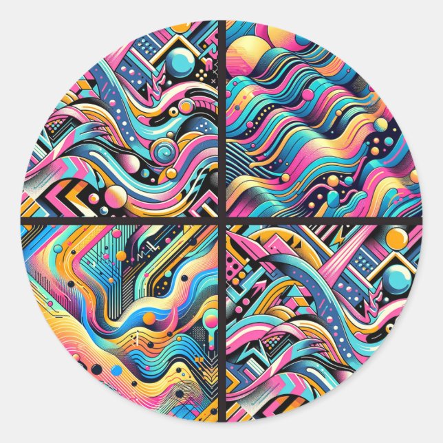 Colourful Neon Bright Abstract 90's Pattern Print Classic Round Sticker (Front)