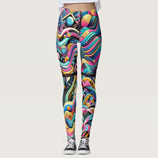Colourful Neon Bright Abstract 90's Pattern Print Leggings (Front)