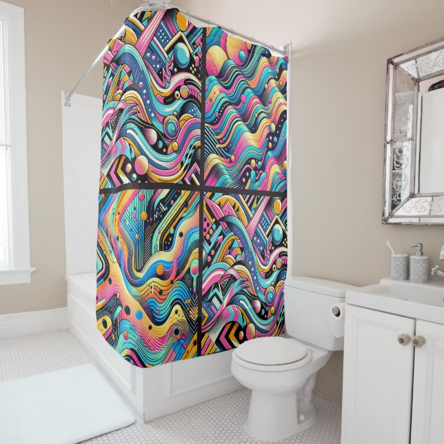 Colourful Neon Bright Abstract 90's Pattern Print Shower Curtain (In Situ)