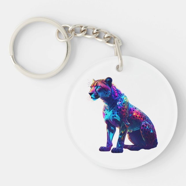 Colourful Neon Cheetah Art – Glowing Wild Cat Key Ring (Front)