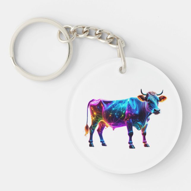 Colourful Neon Cow Art – Vibrant Glowing Cow Key Ring (Front)