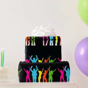 Colourful Neon Dancing Silhouettes Retro Party Wrapping Paper