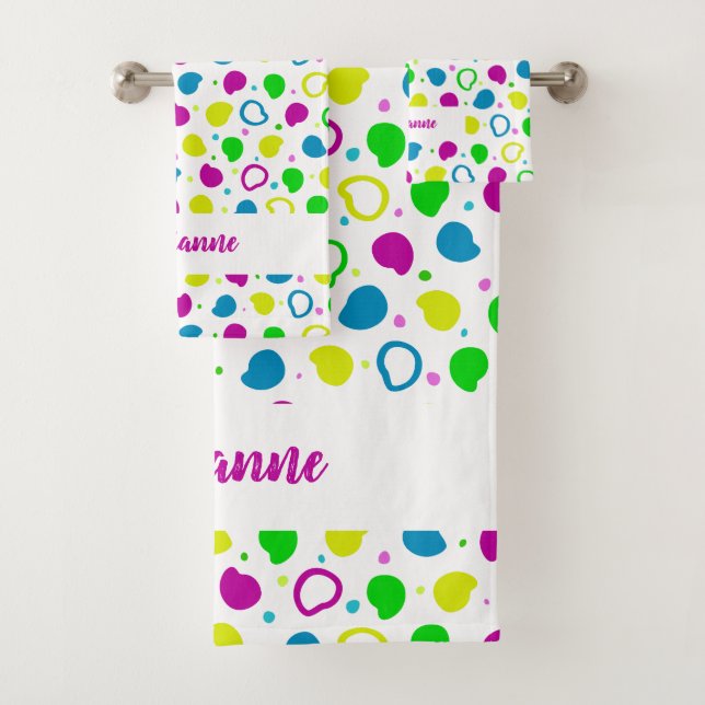 Colourful neon dots and shapes retro pattern bath towel set (Insitu)
