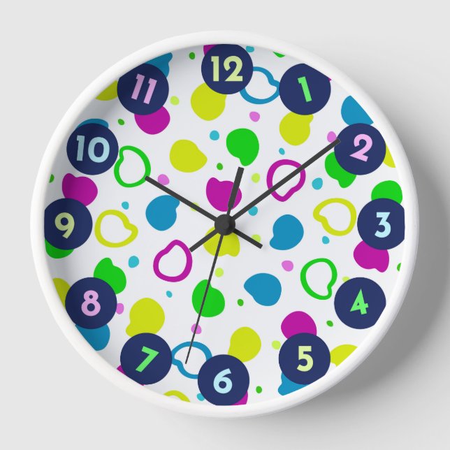 Colourful neon dots and shapes retro pattern clock (Front)