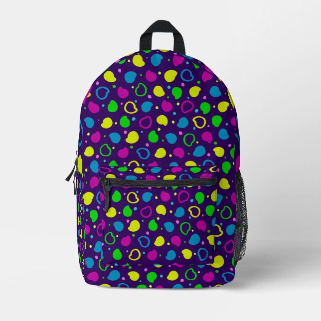 Colourful neon dots and shapes retro pattern printed backpack (Front)