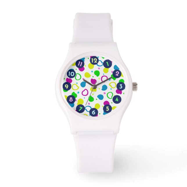 Colourful neon dots and shapes retro pattern watch (Front)
