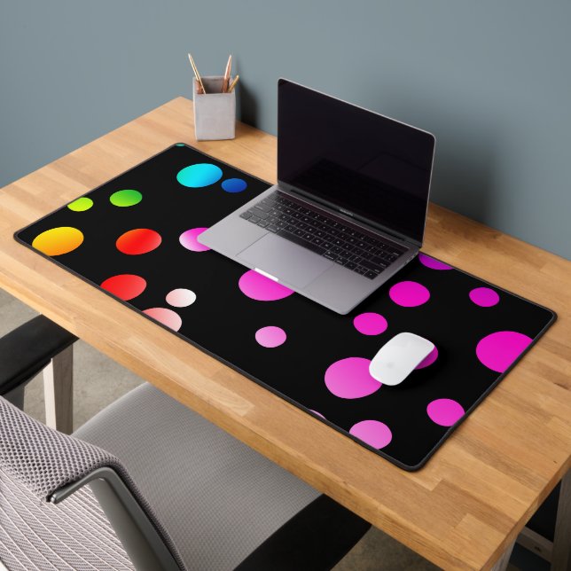 Colourful Neon Dots On Black Desk Mat (Office 2)