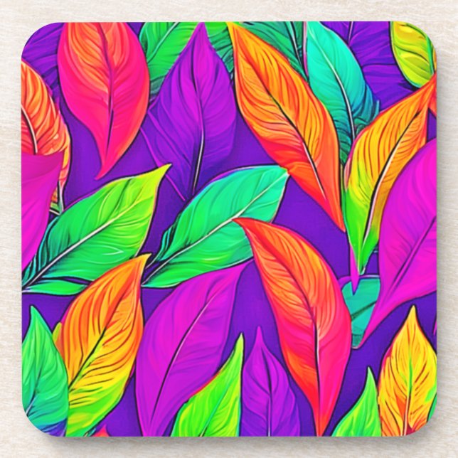 Colourful Neon Ethereal Leaves Pattern Coaster (Front)