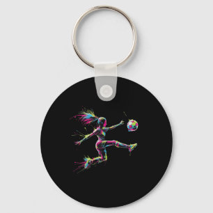 Colourful Neon Girl Soccer Art Splash Sport Design Key Ring