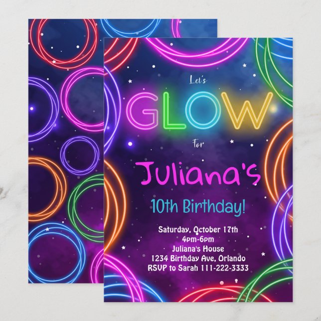 Colourful Neon Glow Birthday Invitation (Front/Back)