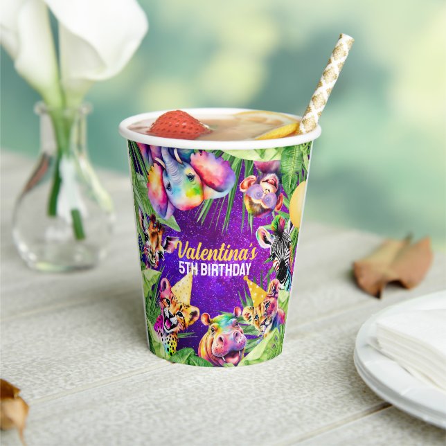 Colourful Neon Glow Safari Jungle Party Animals Paper Cups (Insitu)