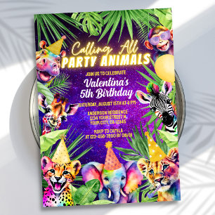 Colourful Neon Glow Safari Party Animals Birthday Invitation