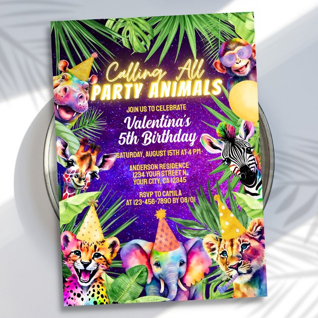 Colourful Neon Glow Safari Party Animals Birthday Invitation (Creator Uploaded)