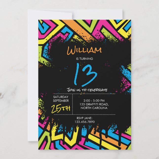 Colourful Neon Graffiti Street Art Birthday Party  Invitation (Front)