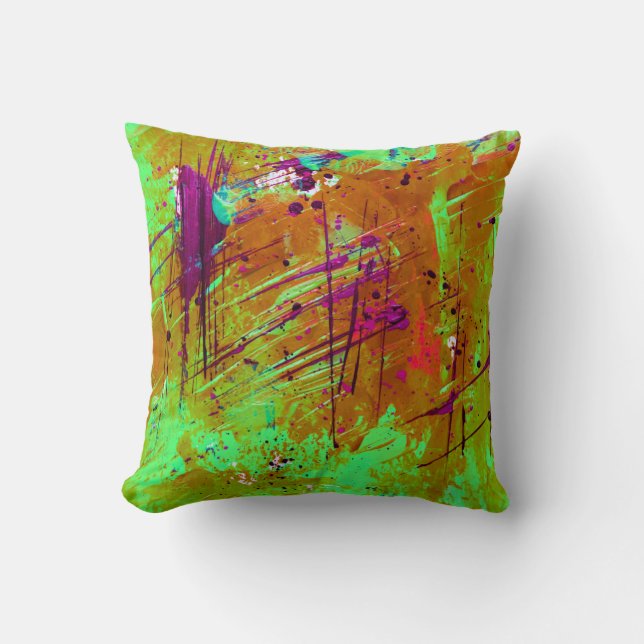 Colourful Neon Green Abstract Splatter Paint Cushion (Front)