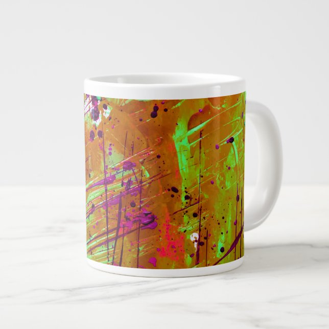 Colourful Neon Green Abstract Splatter Paint Large Coffee Mug (Front Right)