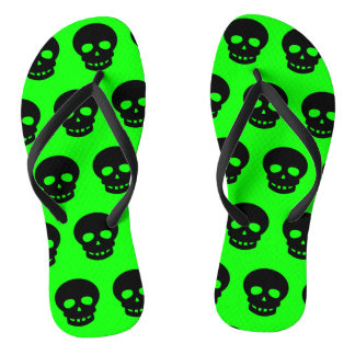 Colourful Neon Green Black Skulls Pattern Womens Flip Flops