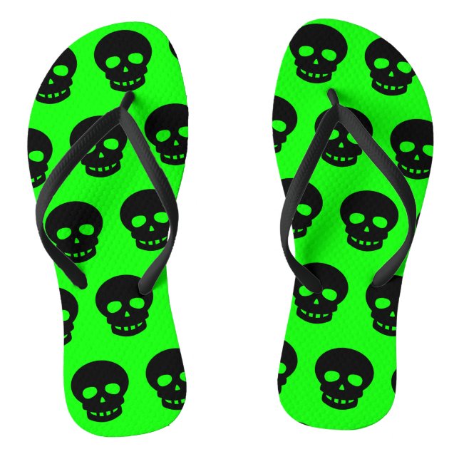 Colourful Neon Green Black Skulls Pattern Womens Flip Flops (Footbed)