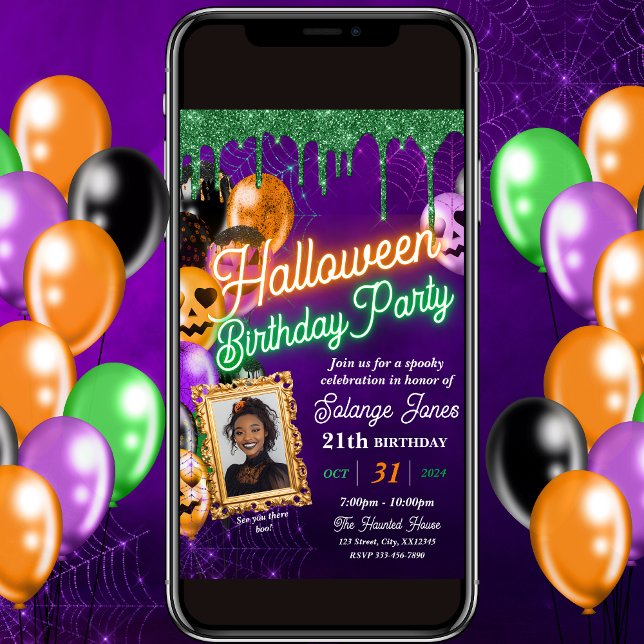 Colourful Neon Halloween Birthday Party Invitation (Creator Uploaded)