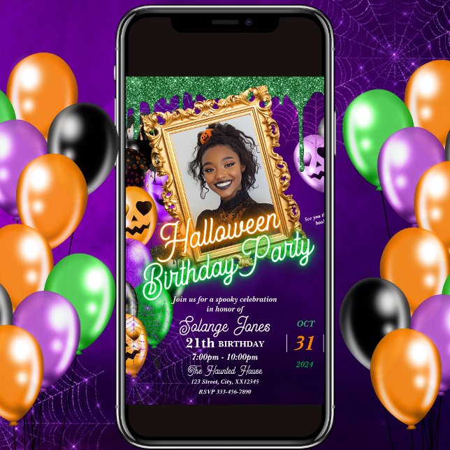 Colourful Neon Halloween Birthday Party Invitation (Creator Uploaded)
