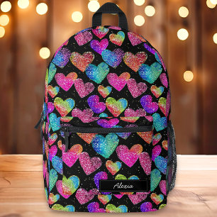 Colourful Neon Heart Print Name Printed Backpack
