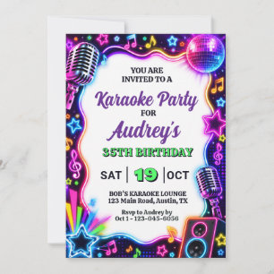 Colourful Neon Karaoke Retro Birthday Invitation